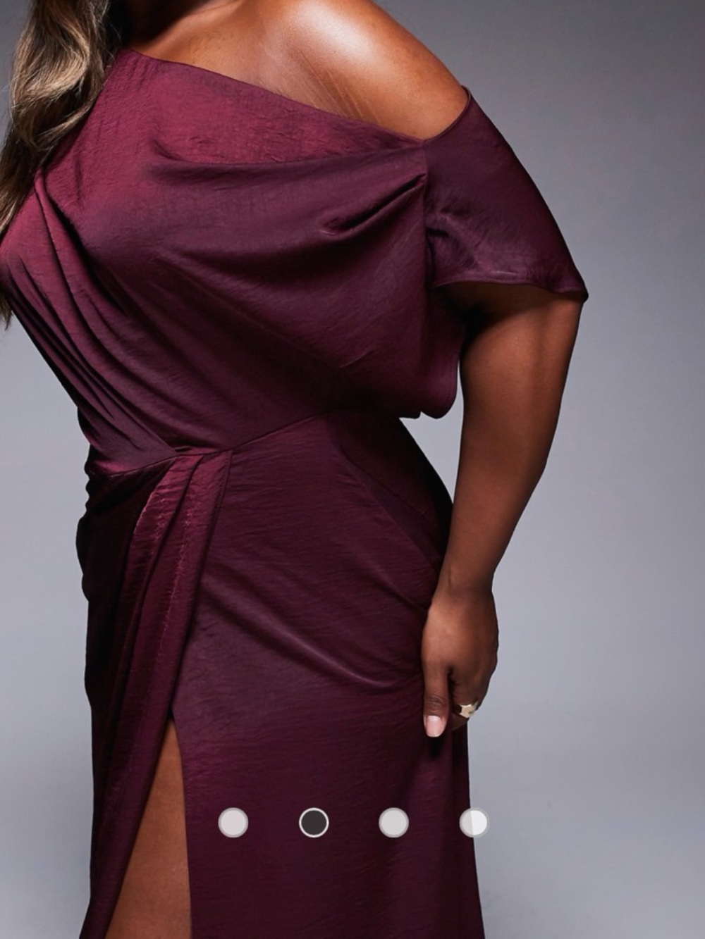 ASOS Design Curve Satin Off-Shoulder High Slit Maxi Dress in Burgundy Size 14 - Picture 2 of 8
